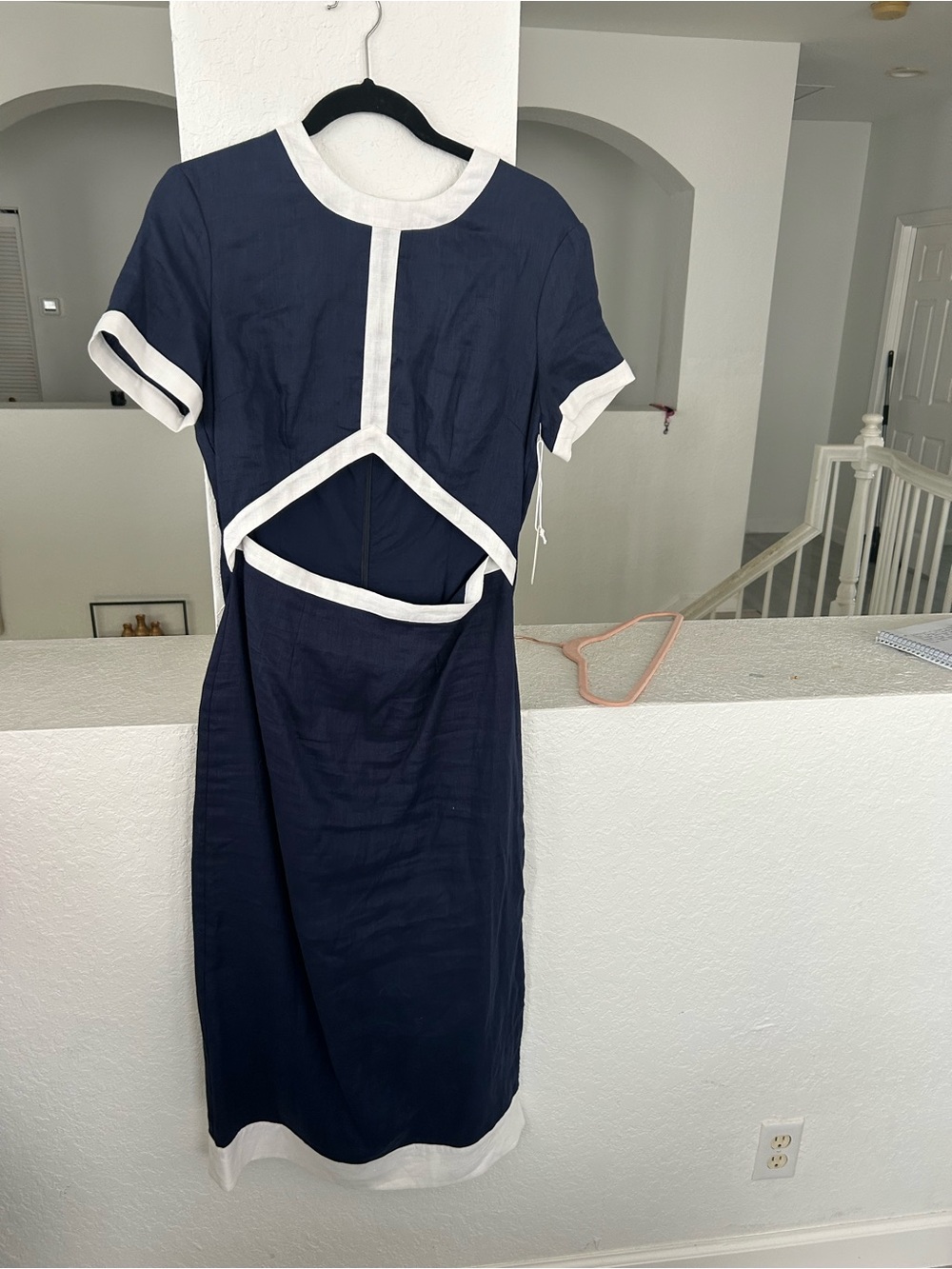 STAUD Navy and White Back-Cutout Midi Dress